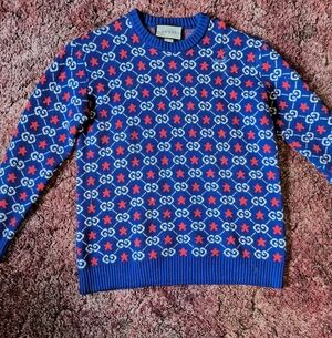 Gucci Men's Sweater in Blue with Red and White Accents